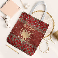 Albania Christmas Tote Bag with Red Geometric Design, Golden Double-Headed Eagle, and Santa Motif - Wonder Print Shop