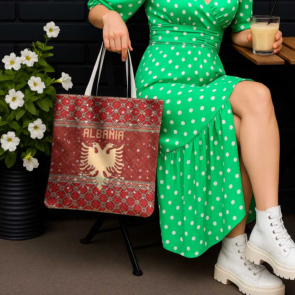 Albania Christmas Tote Bag with Red Geometric Design, Golden Double-Headed Eagle, and Santa Motif - Wonder Print Shop