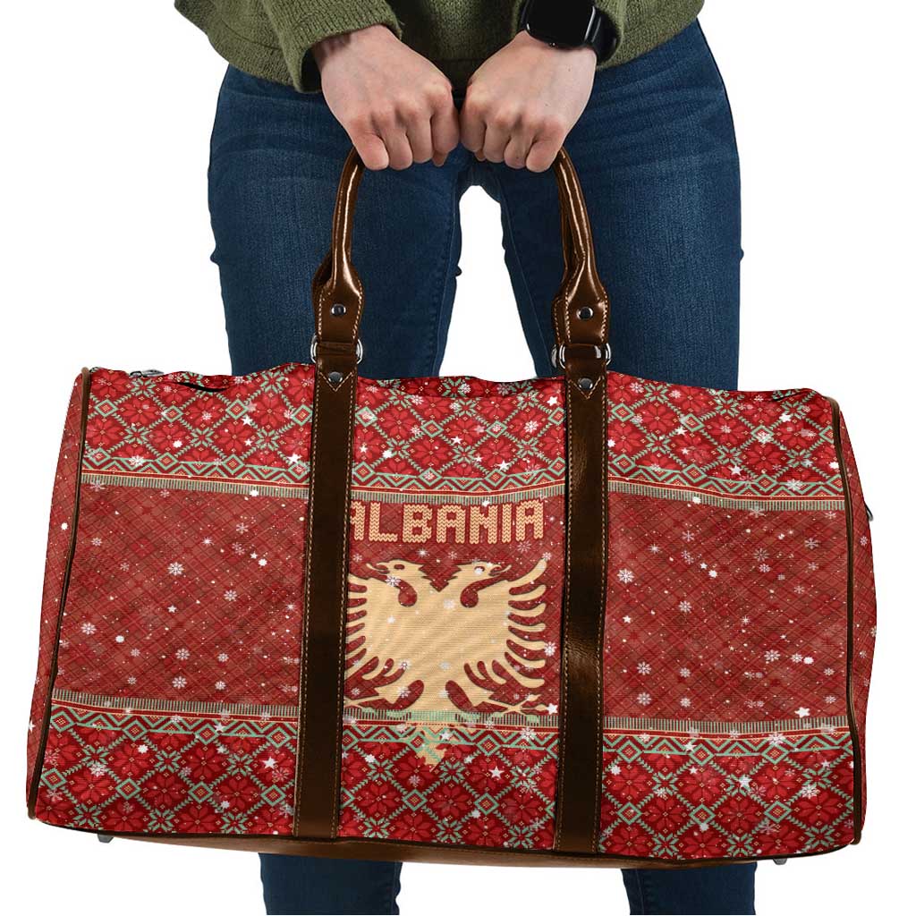 Albania Christmas Travel Bag with Red Geometric Design, Golden Double-Headed Eagle, and Santa Motif - Wonder Print Shop