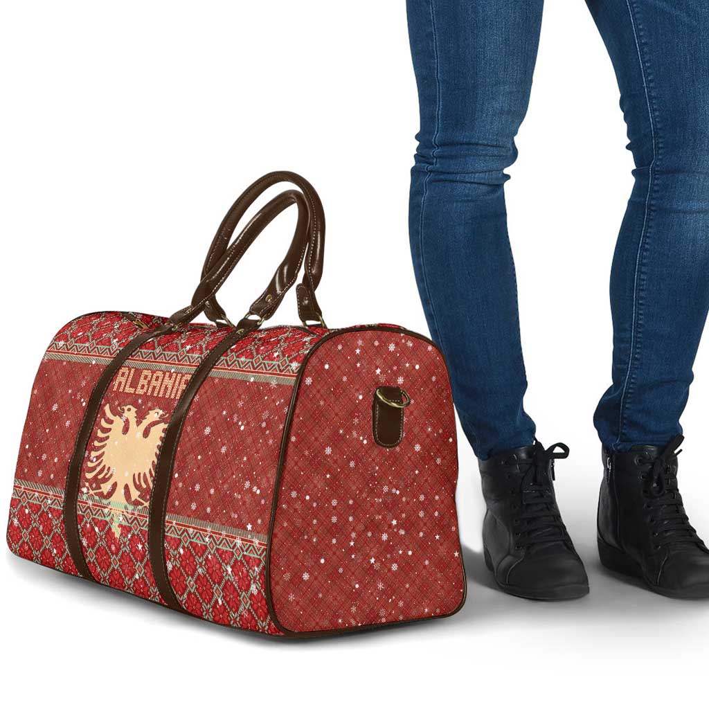 Albania Christmas Travel Bag with Red Geometric Design, Golden Double-Headed Eagle, and Santa Motif - Wonder Print Shop
