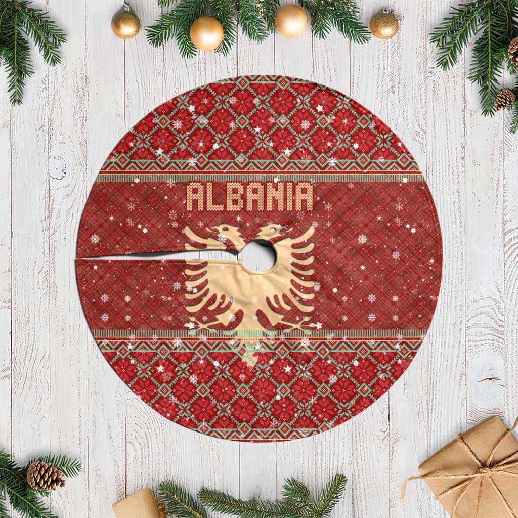Albania Christmas Tree Skirt with Red Geometric Design, Golden Double-Headed Eagle, and Santa Motif - Wonder Print Shop