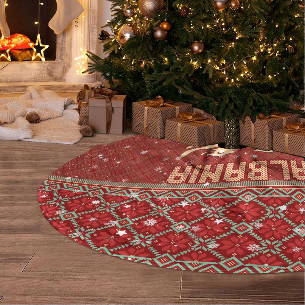 Albania Christmas Tree Skirt with Red Geometric Design, Golden Double-Headed Eagle, and Santa Motif - Wonder Print Shop