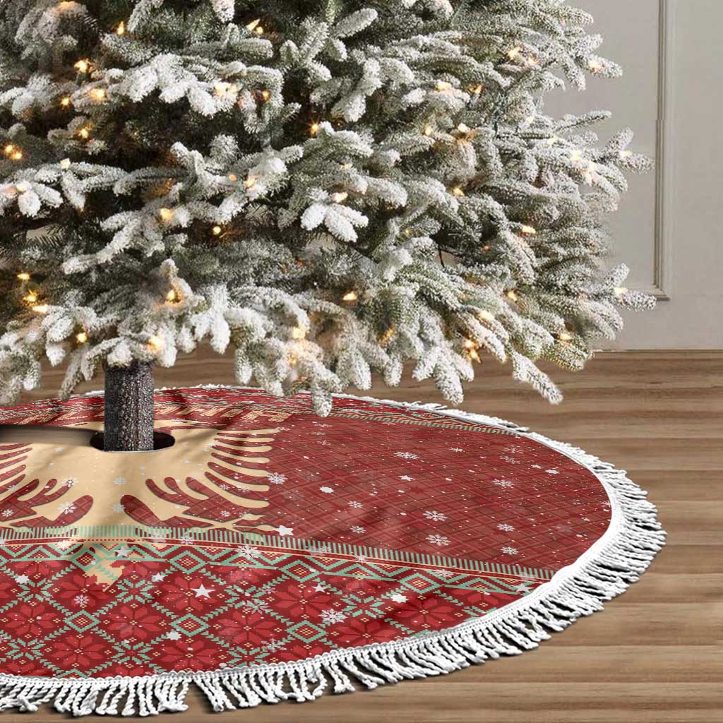 Albania Christmas Tree Skirt with Red Geometric Design, Golden Double-Headed Eagle, and Santa Motif - Wonder Print Shop