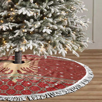 Albania Christmas Tree Skirt with Red Geometric Design, Golden Double-Headed Eagle, and Santa Motif - Wonder Print Shop