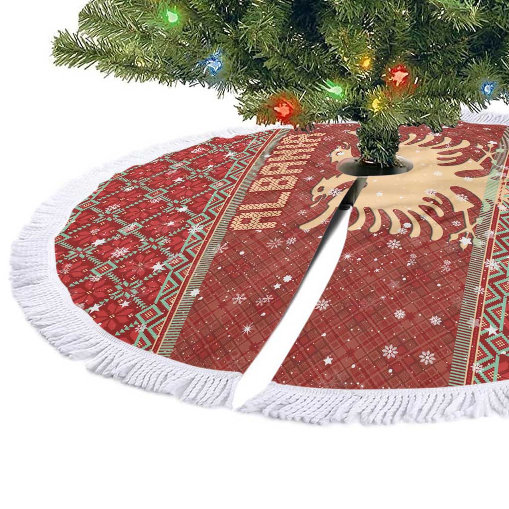 Albania Christmas Tree Skirt with Red Geometric Design, Golden Double-Headed Eagle, and Santa Motif - Wonder Print Shop