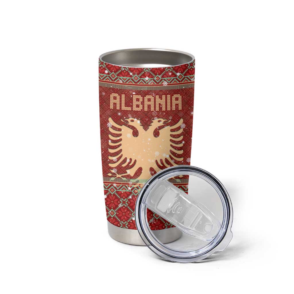 Albania Christmas Tumbler Cup with Red Geometric Design, Golden Double-Headed Eagle, and Santa Motif - Wonder Print Shop
