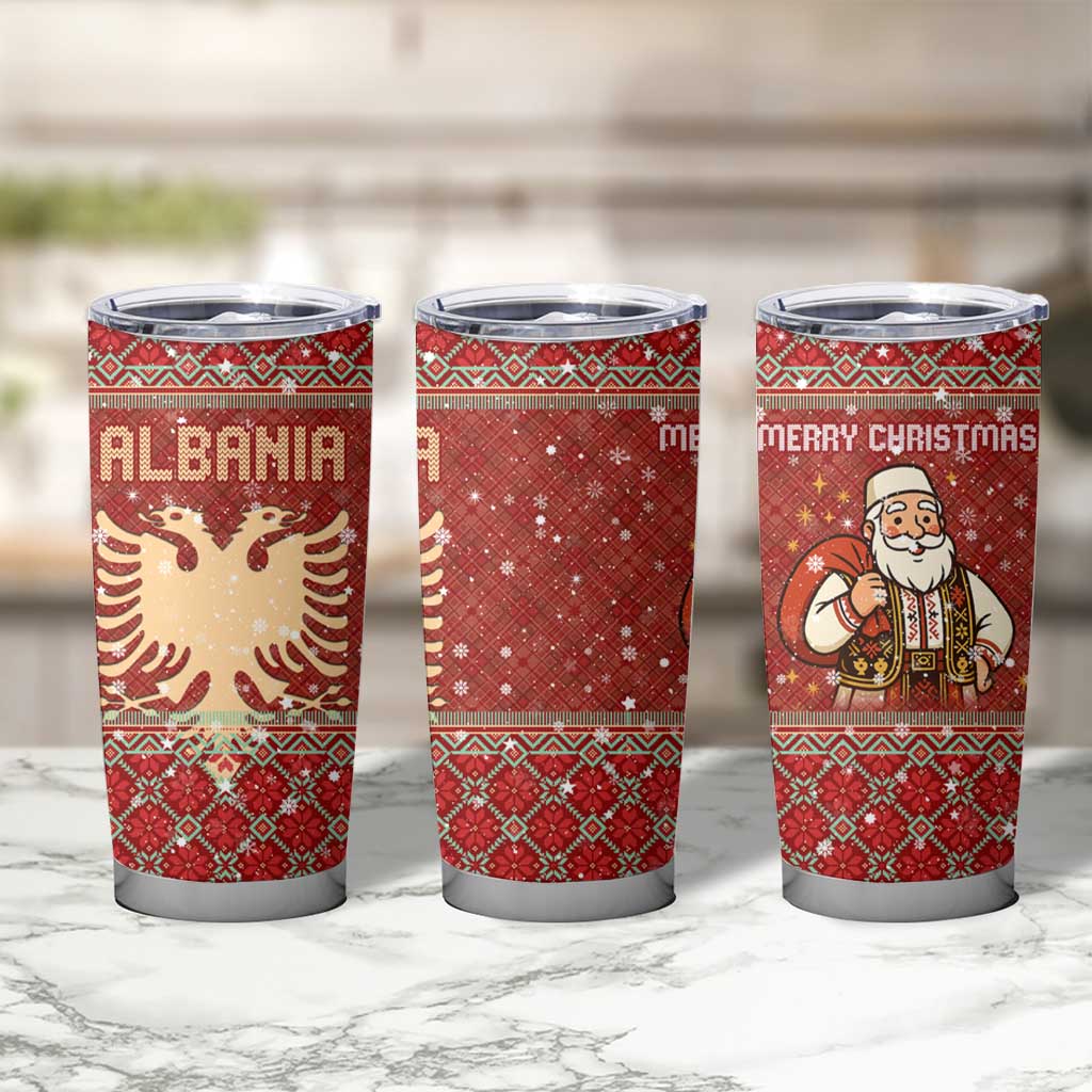 Albania Christmas Tumbler Cup with Red Geometric Design, Golden Double-Headed Eagle, and Santa Motif - Wonder Print Shop