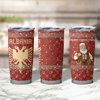 Albania Christmas Tumbler Cup with Red Geometric Design, Golden Double-Headed Eagle, and Santa Motif - Wonder Print Shop
