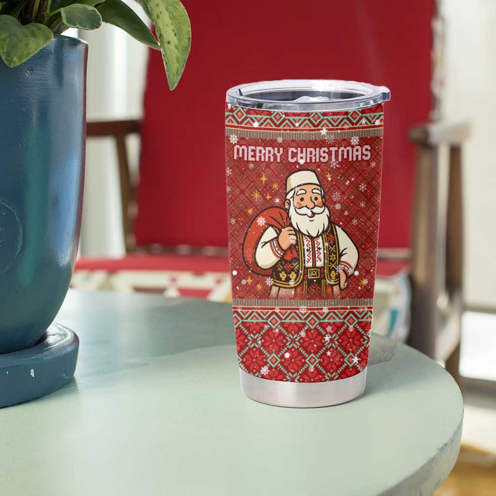 Albania Christmas Tumbler Cup with Red Geometric Design, Golden Double-Headed Eagle, and Santa Motif - Wonder Print Shop