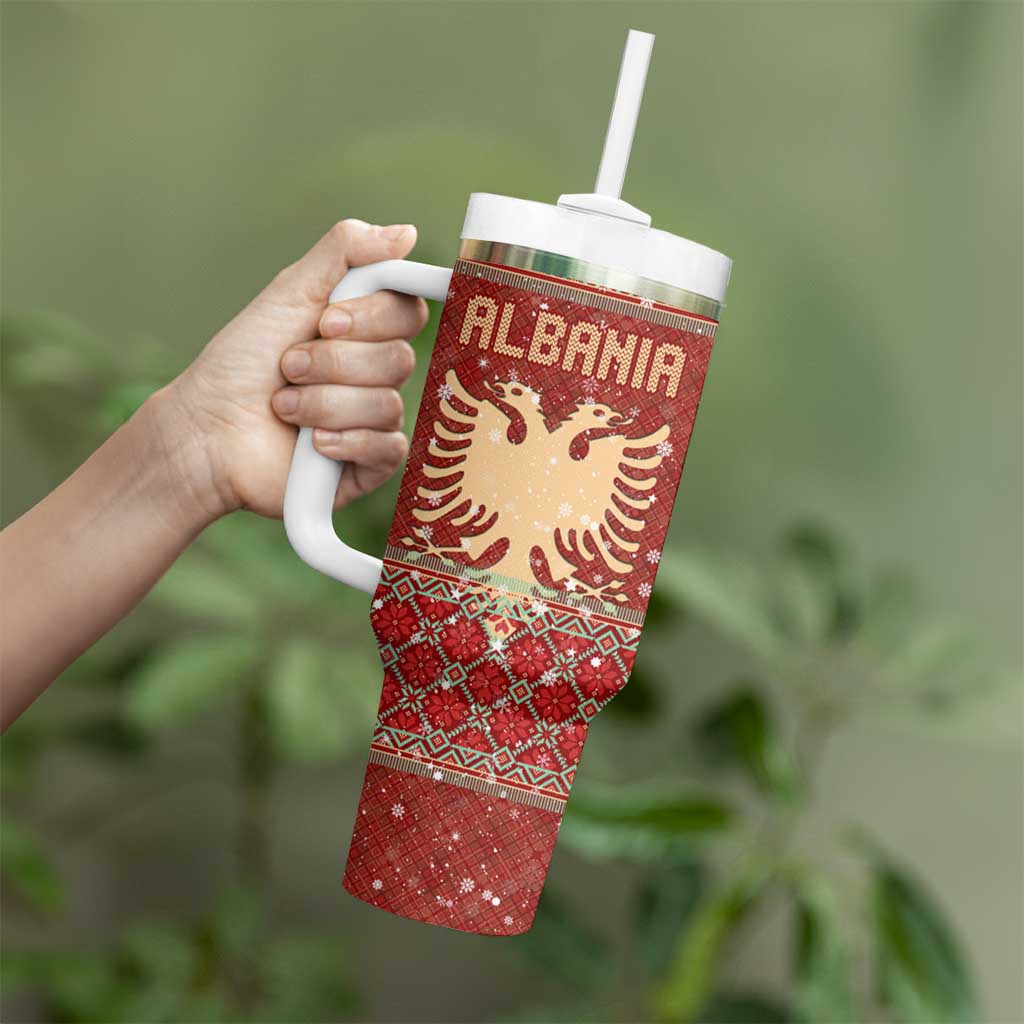 Albania Christmas Tumbler With Handle with Red Geometric Design, Golden Double-Headed Eagle, and Santa Motif - Wonder Print Shop