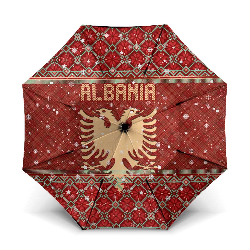 Albania Christmas Umbrella with Red Geometric Design, Golden Double-Headed Eagle, and Santa Motif - Wonder Print Shop