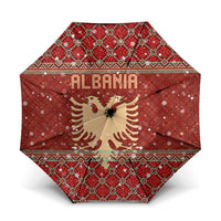 Albania Christmas Umbrella with Red Geometric Design, Golden Double-Headed Eagle, and Santa Motif - Wonder Print Shop