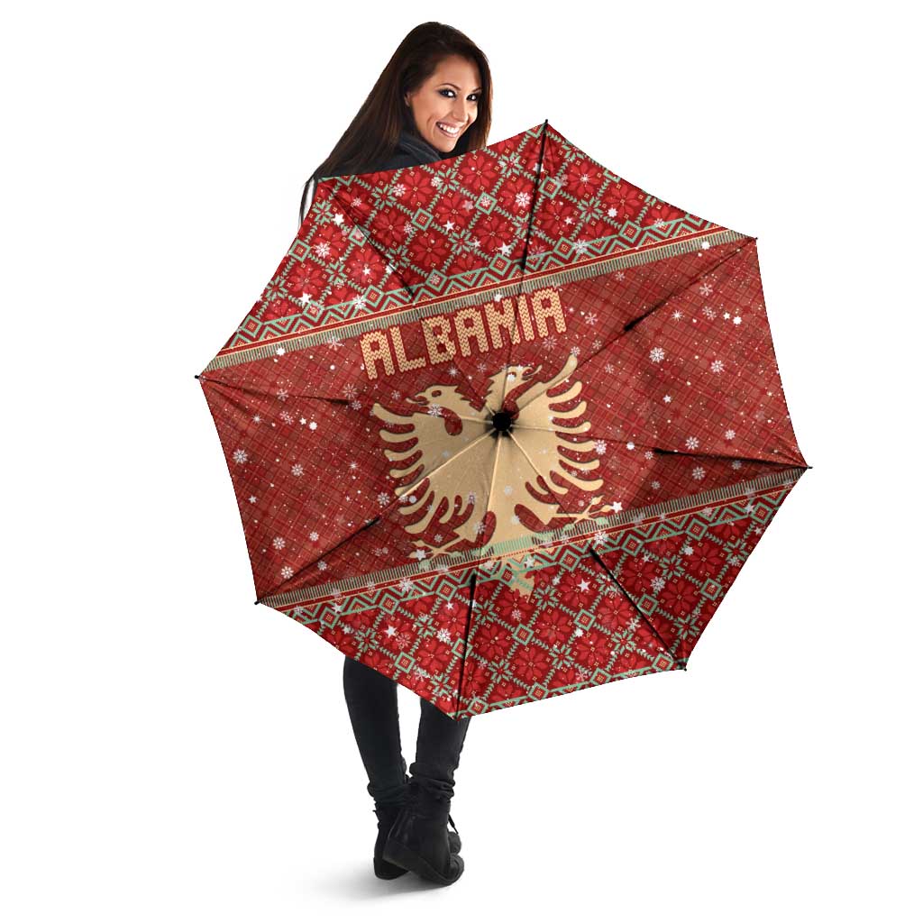 Albania Christmas Umbrella with Red Geometric Design, Golden Double-Headed Eagle, and Santa Motif - Wonder Print Shop