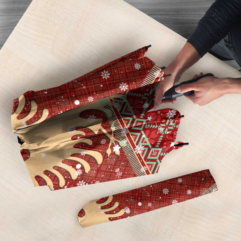 Albania Christmas Umbrella with Red Geometric Design, Golden Double-Headed Eagle, and Santa Motif - Wonder Print Shop