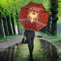 Albania Christmas Umbrella with Red Geometric Design, Golden Double-Headed Eagle, and Santa Motif - Wonder Print Shop
