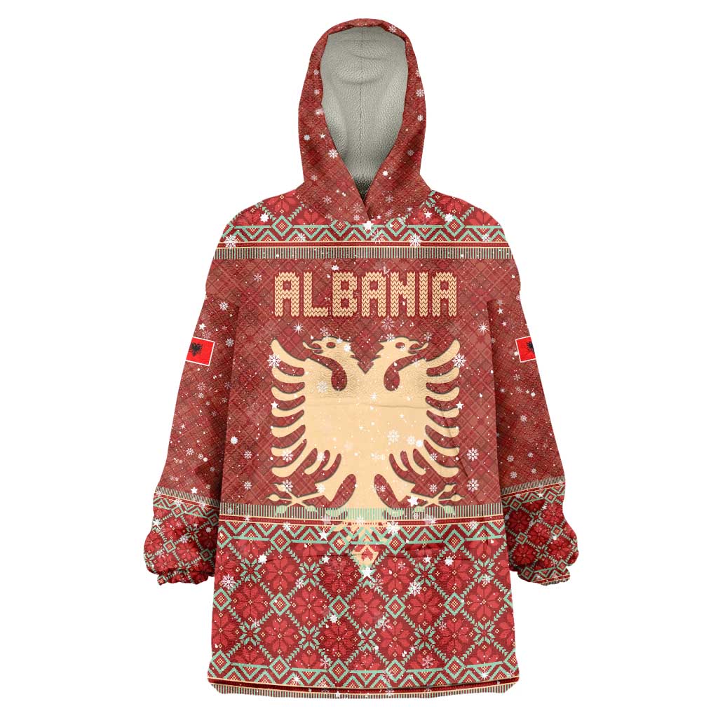 Albania Christmas Wearable Blanket Hoodie with Red Geometric Design, Golden Double-Headed Eagle, and Santa Motif - Wonder Print Shop