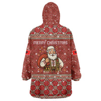 Albania Christmas Wearable Blanket Hoodie with Red Geometric Design, Golden Double-Headed Eagle, and Santa Motif - Wonder Print Shop