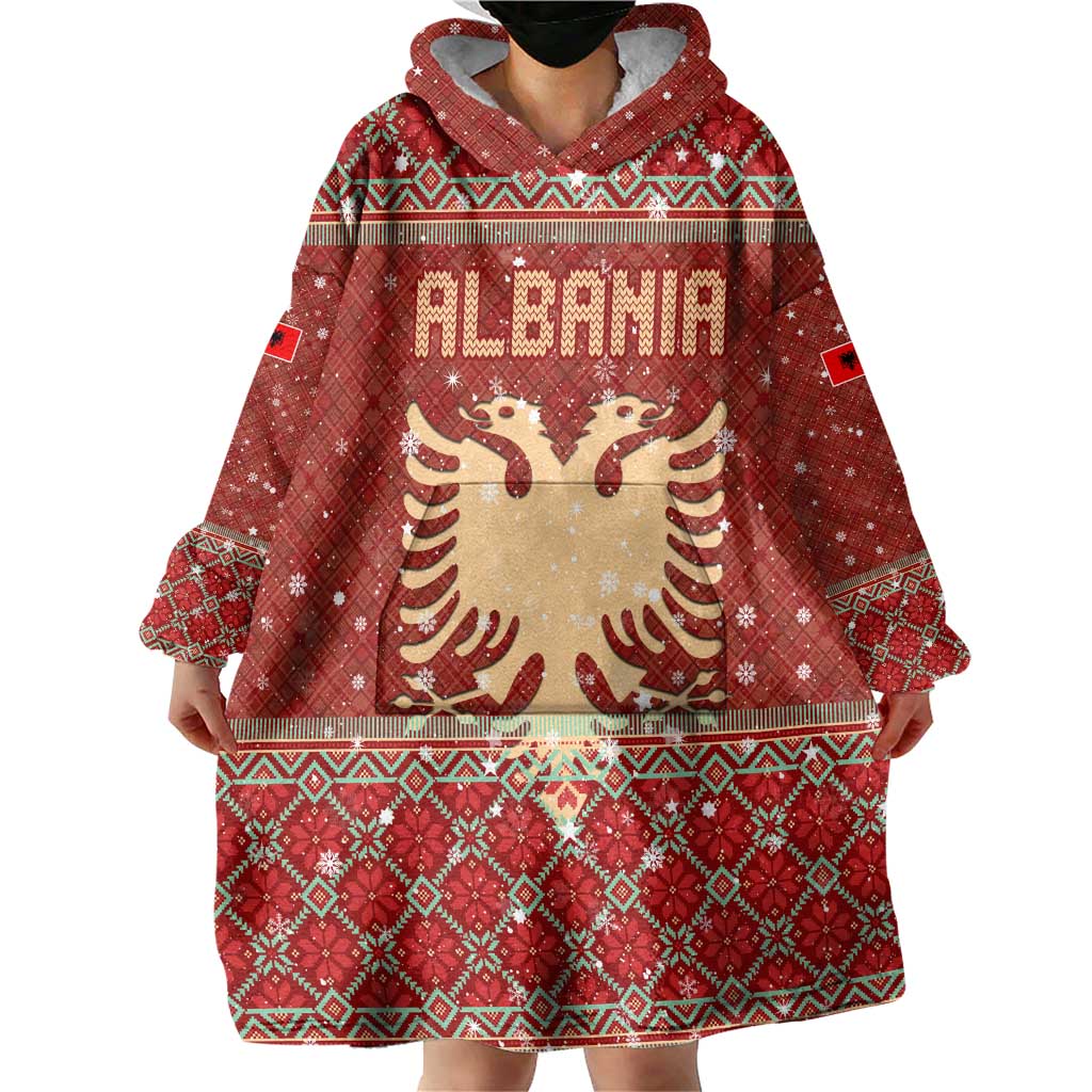 Albania Christmas Wearable Blanket Hoodie with Red Geometric Design, Golden Double-Headed Eagle, and Santa Motif - Wonder Print Shop