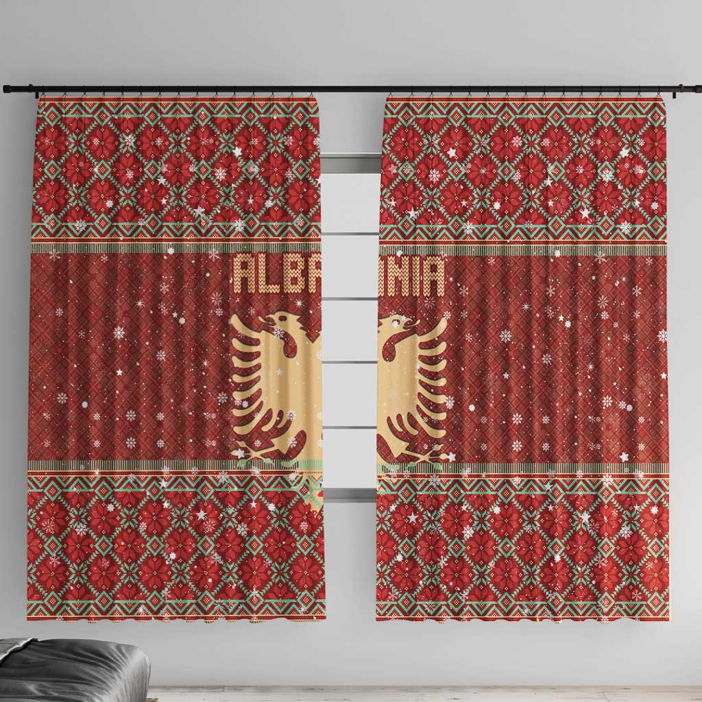 Albania Christmas Window Curtain with Red Geometric Design, Golden Double-Headed Eagle, and Santa Motif - Wonder Print Shop