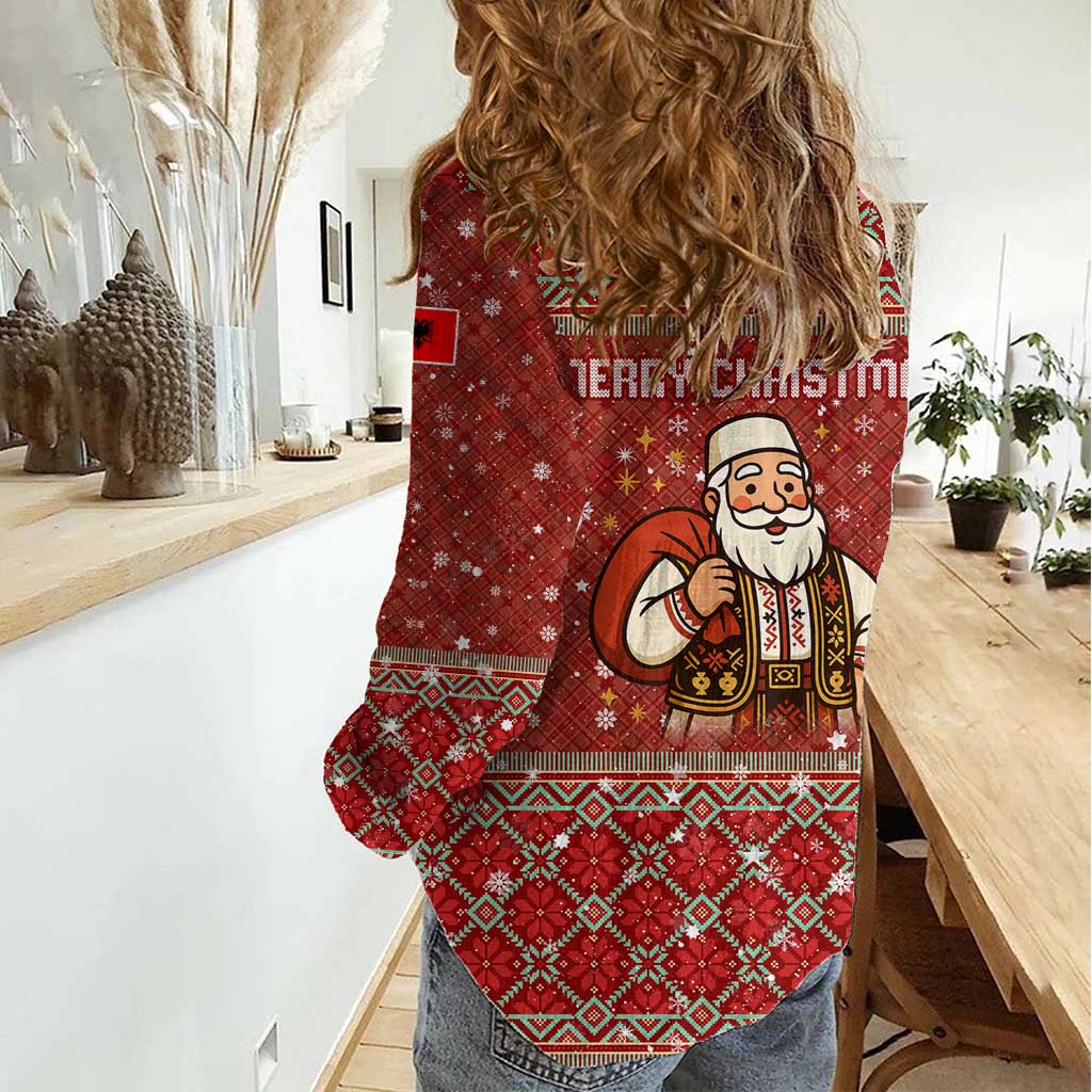 Albania Christmas Women Casual Shirt with Red Geometric Design, Golden Double-Headed Eagle, and Santa Motif - Wonder Print Shop