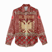 Albania Christmas Women Casual Shirt with Red Geometric Design, Golden Double-Headed Eagle, and Santa Motif - Wonder Print Shop