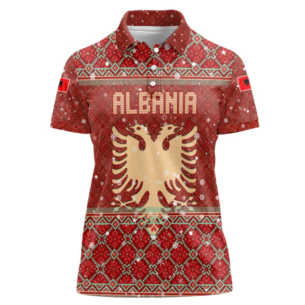 Albania Christmas Women Polo Shirt with Red Geometric Design, Golden Double-Headed Eagle, and Santa Motif - Wonder Print Shop