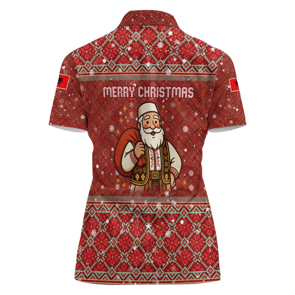 Albania Christmas Women Polo Shirt with Red Geometric Design, Golden Double-Headed Eagle, and Santa Motif - Wonder Print Shop
