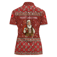 Albania Christmas Women Polo Shirt with Red Geometric Design, Golden Double-Headed Eagle, and Santa Motif - Wonder Print Shop