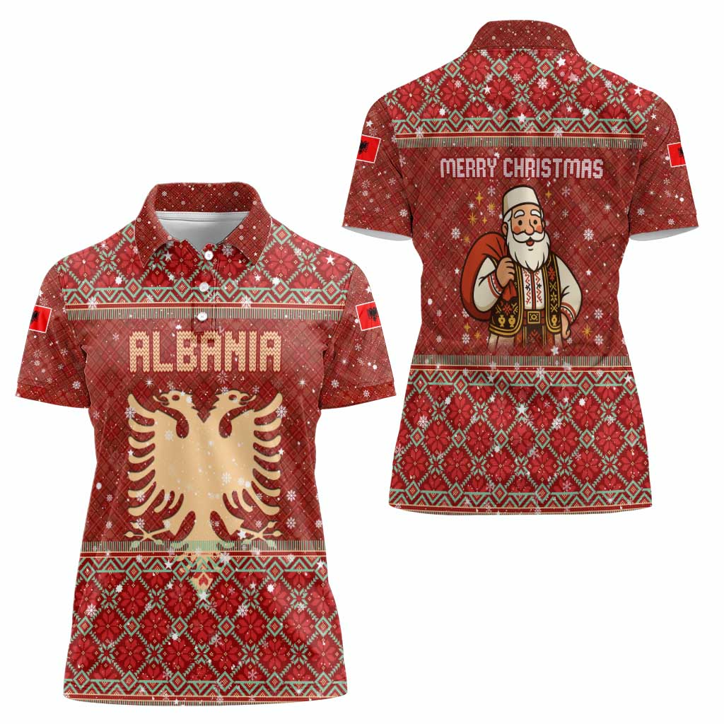 Albania Christmas Women Polo Shirt with Red Geometric Design, Golden Double-Headed Eagle, and Santa Motif - Wonder Print Shop