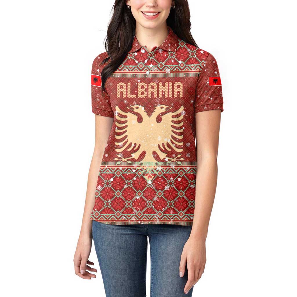 Albania Christmas Women Polo Shirt with Red Geometric Design, Golden Double-Headed Eagle, and Santa Motif - Wonder Print Shop