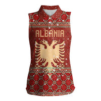 Albania Christmas Women Sleeveless Polo Shirt with Red Geometric Design, Golden Double-Headed Eagle, and Santa Motif - Wonder Print Shop
