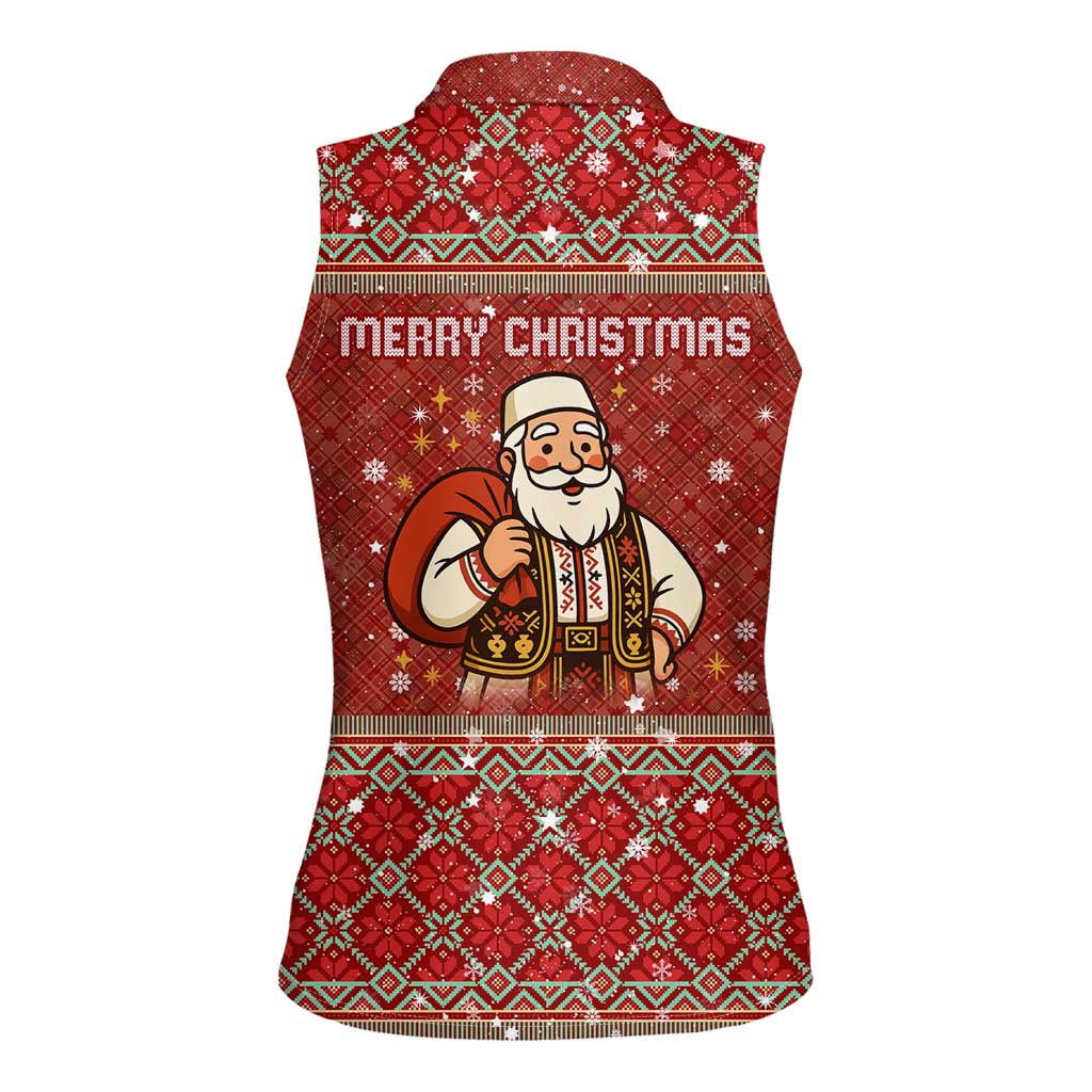 Albania Christmas Women Sleeveless Polo Shirt with Red Geometric Design, Golden Double-Headed Eagle, and Santa Motif - Wonder Print Shop