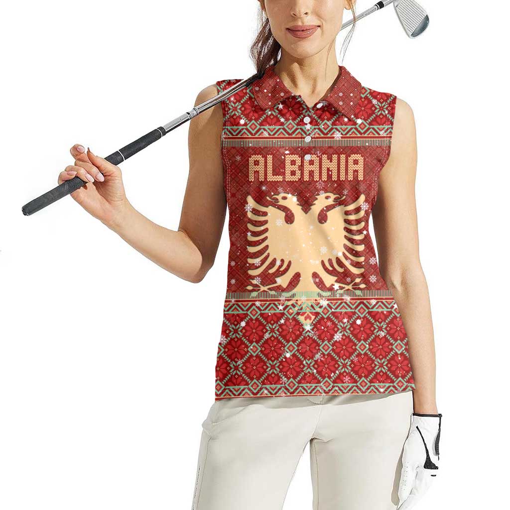 Albania Christmas Women Sleeveless Polo Shirt with Red Geometric Design, Golden Double-Headed Eagle, and Santa Motif - Wonder Print Shop