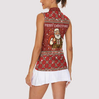 Albania Christmas Women Sleeveless Polo Shirt with Red Geometric Design, Golden Double-Headed Eagle, and Santa Motif - Wonder Print Shop