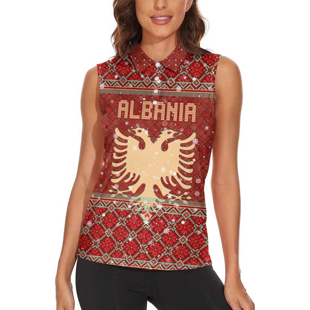 Albania Christmas Women Sleeveless Polo Shirt with Red Geometric Design, Golden Double-Headed Eagle, and Santa Motif - Wonder Print Shop