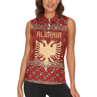 Albania Christmas Women Sleeveless Polo Shirt with Red Geometric Design, Golden Double-Headed Eagle, and Santa Motif - Wonder Print Shop