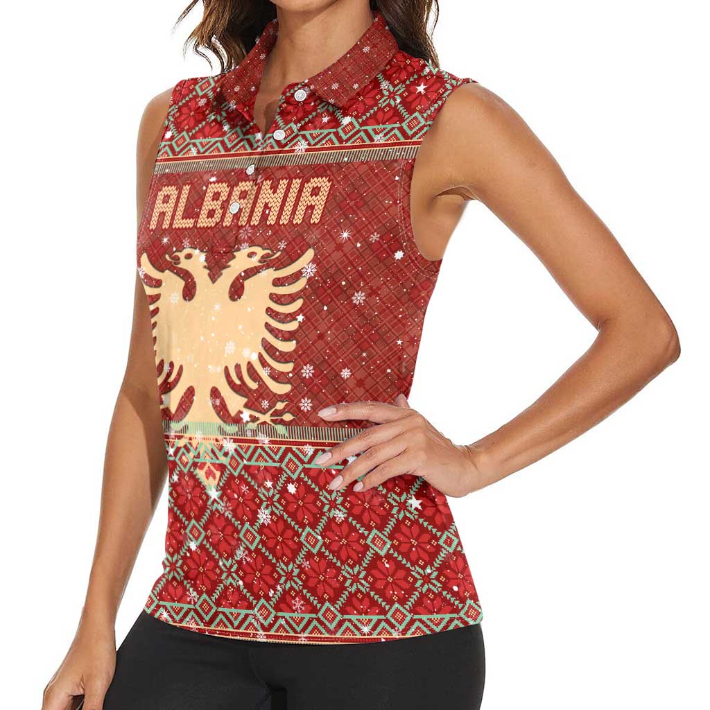 Albania Christmas Women Sleeveless Polo Shirt with Red Geometric Design, Golden Double-Headed Eagle, and Santa Motif - Wonder Print Shop