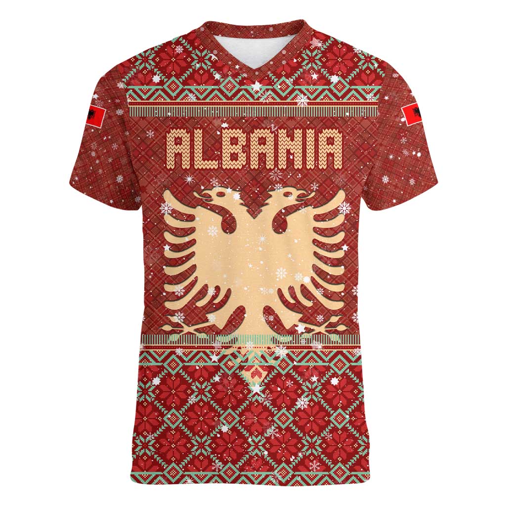 Albania Christmas Women V-Neck T-Shirt with Red Geometric Design, Golden Double-Headed Eagle, and Santa Motif - Wonder Print Shop