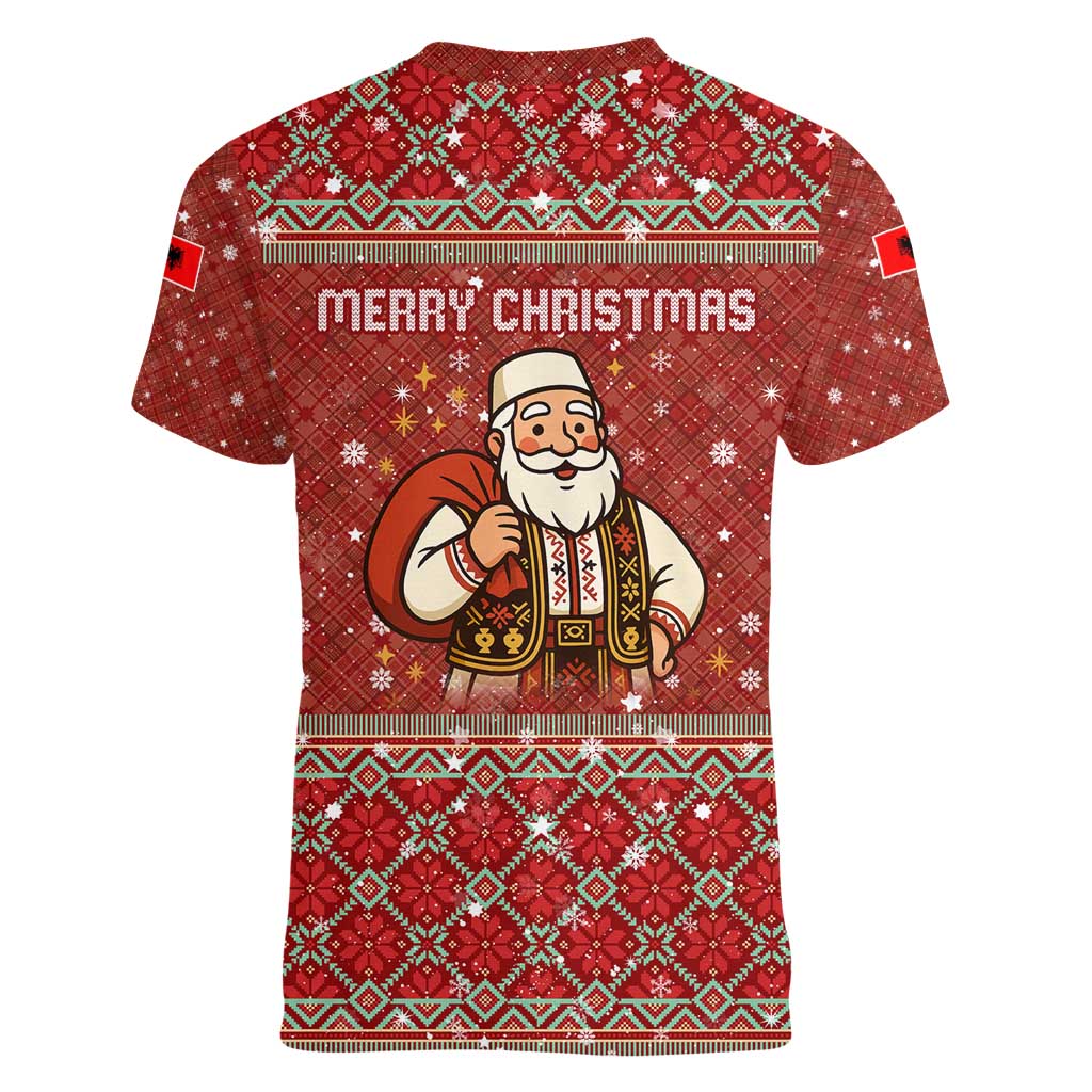 Albania Christmas Women V-Neck T-Shirt with Red Geometric Design, Golden Double-Headed Eagle, and Santa Motif - Wonder Print Shop