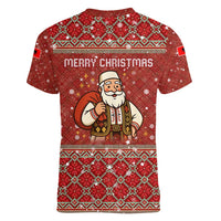 Albania Christmas Women V-Neck T-Shirt with Red Geometric Design, Golden Double-Headed Eagle, and Santa Motif - Wonder Print Shop