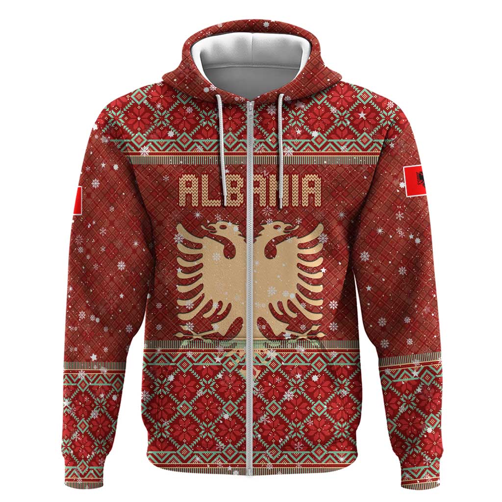 Albania Christmas Zip Hoodie with Red Geometric Design, Golden Double-Headed Eagle, and Santa Motif - Wonder Print Shop