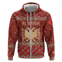 Albania Christmas Zip Hoodie with Red Geometric Design, Golden Double-Headed Eagle, and Santa Motif - Wonder Print Shop
