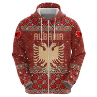 Albania Christmas Zip Hoodie with Red Geometric Design, Golden Double-Headed Eagle, and Santa Motif - Wonder Print Shop