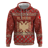 Albania Christmas Zip Hoodie with Red Geometric Design, Golden Double-Headed Eagle, and Santa Motif - Wonder Print Shop