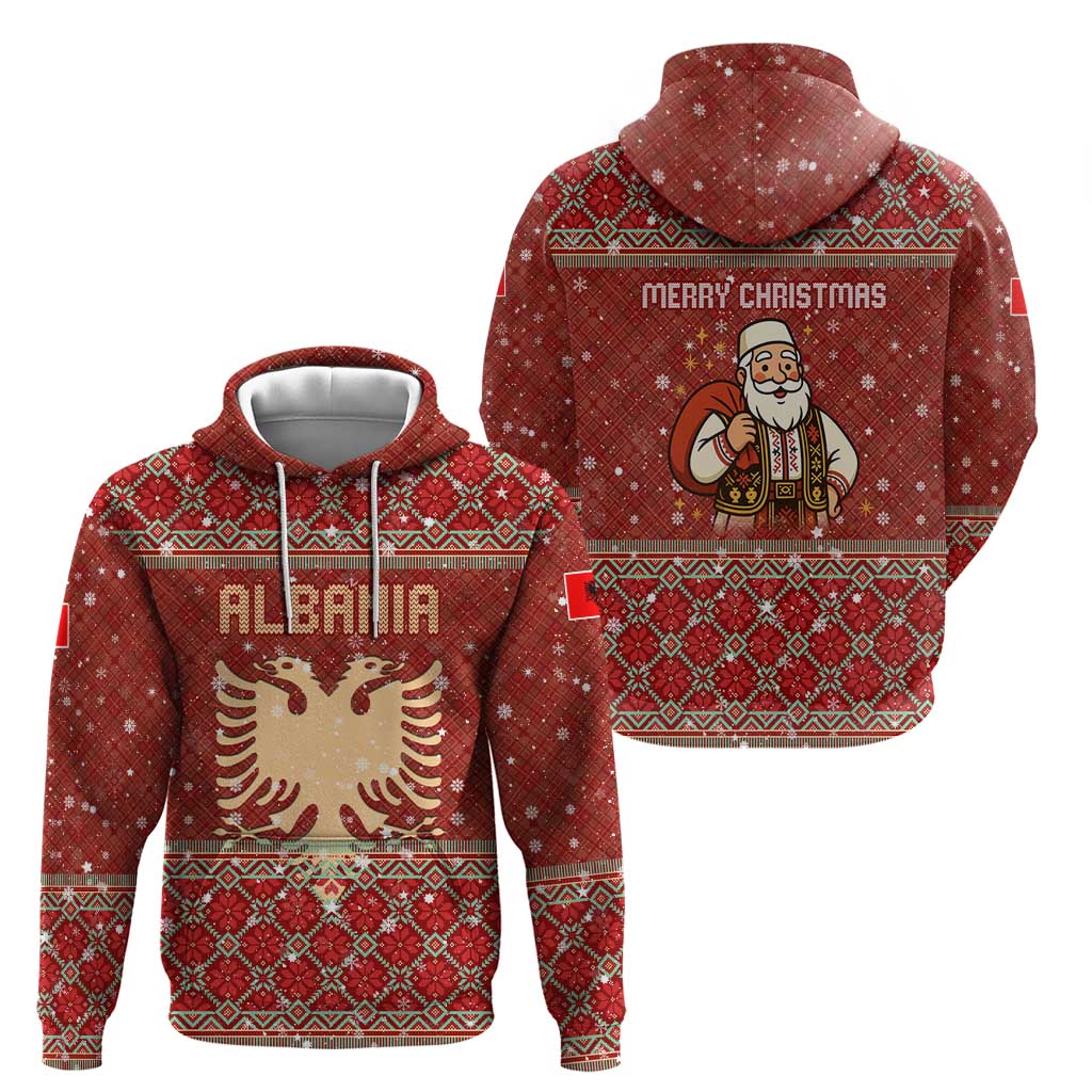 Albania Christmas Zip Hoodie with Red Geometric Design, Golden Double-Headed Eagle, and Santa Motif - Wonder Print Shop