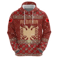Albania Christmas Zip Hoodie with Red Geometric Design, Golden Double-Headed Eagle, and Santa Motif - Wonder Print Shop