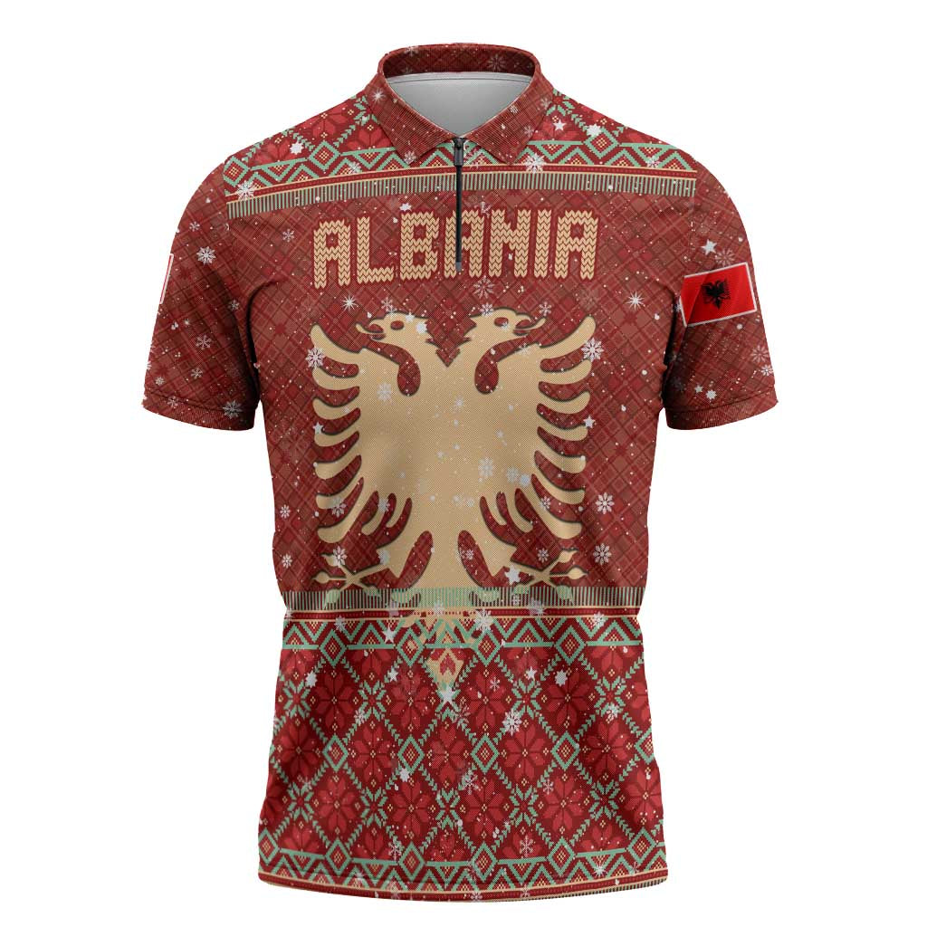 Albania Christmas Zipper Polo Shirt with Red Geometric Design, Golden Double-Headed Eagle, and Santa Motif - Wonder Print Shop
