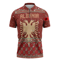Albania Christmas Zipper Polo Shirt with Red Geometric Design, Golden Double-Headed Eagle, and Santa Motif - Wonder Print Shop