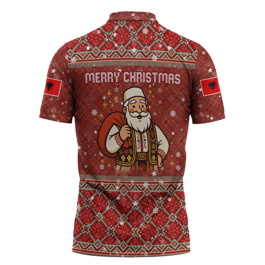 Albania Christmas Zipper Polo Shirt with Red Geometric Design, Golden Double-Headed Eagle, and Santa Motif - Wonder Print Shop