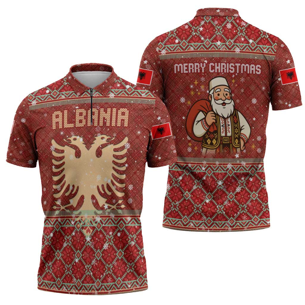Albania Christmas Zipper Polo Shirt with Red Geometric Design, Golden Double-Headed Eagle, and Santa Motif - Wonder Print Shop